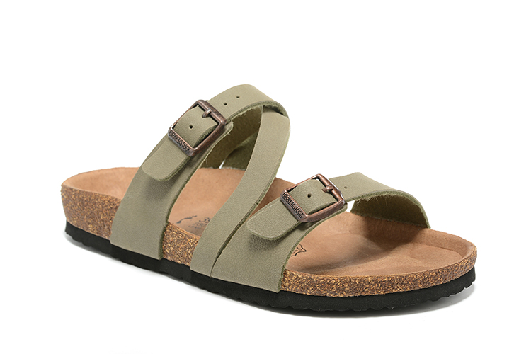 Birkenstock Two-Button Grayish Green Scrub Leather Intersect Black Sole Slippers