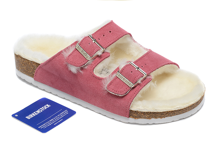 Birkenstock Two-Button Pink Scrub Leather White Fur Lining Slippers
