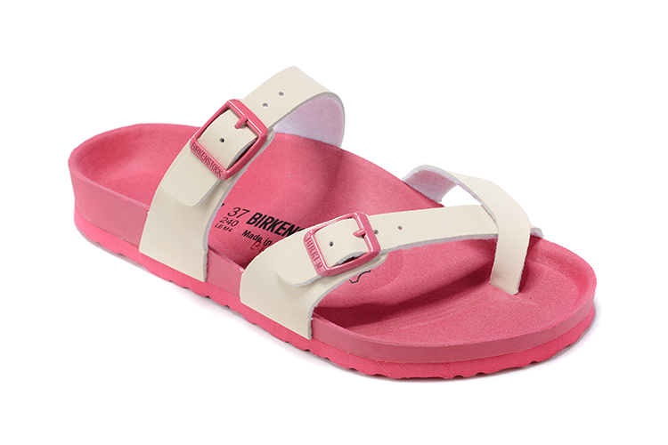 Birkenstock Two-Button Ringfinger White Matte Leather Pink Sole Slippers