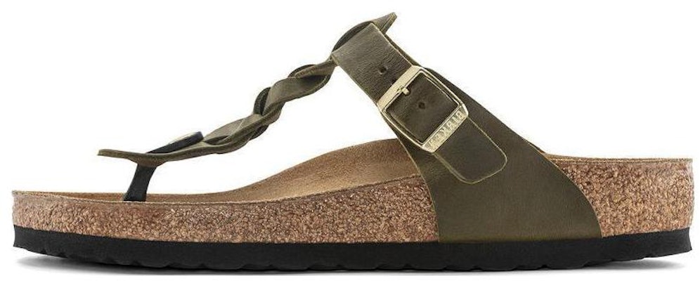 Birkenstock Gizeh Olive Green Braided Oiled Leather Narrow Fit 1024069 Fashion Slippers