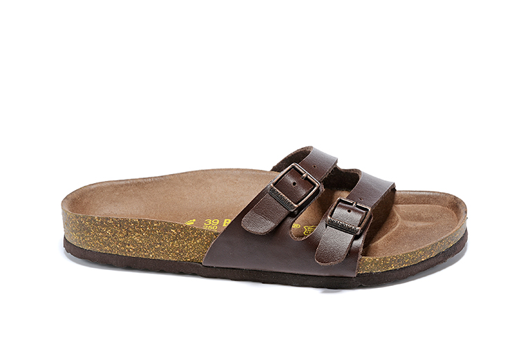 Birkenstock Two Buckle Thin Belt Brown Matte Leather Slippers