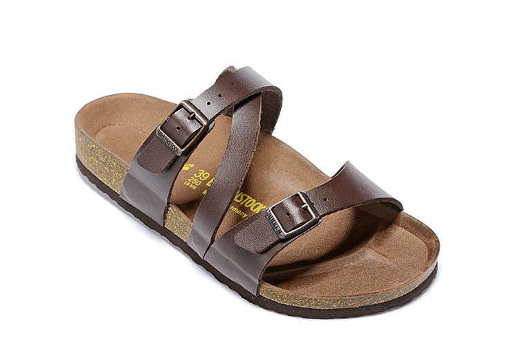 Birkenstock Two-Button Brown Matte Leather Intersect Black Sole Slippers
