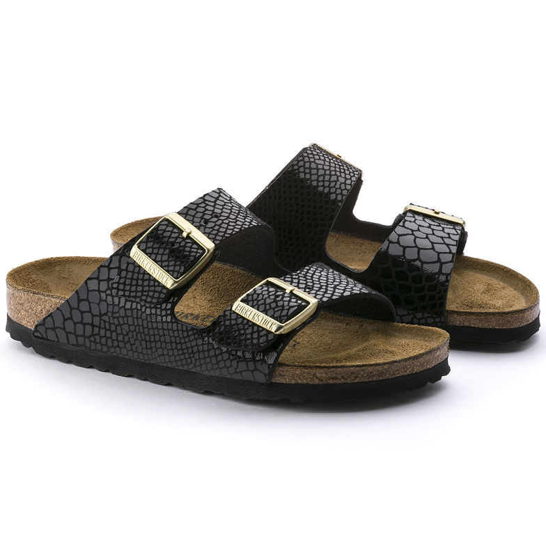 Birkenstock Arizona All Black Snakeskin Double Buckle Leather Sandals