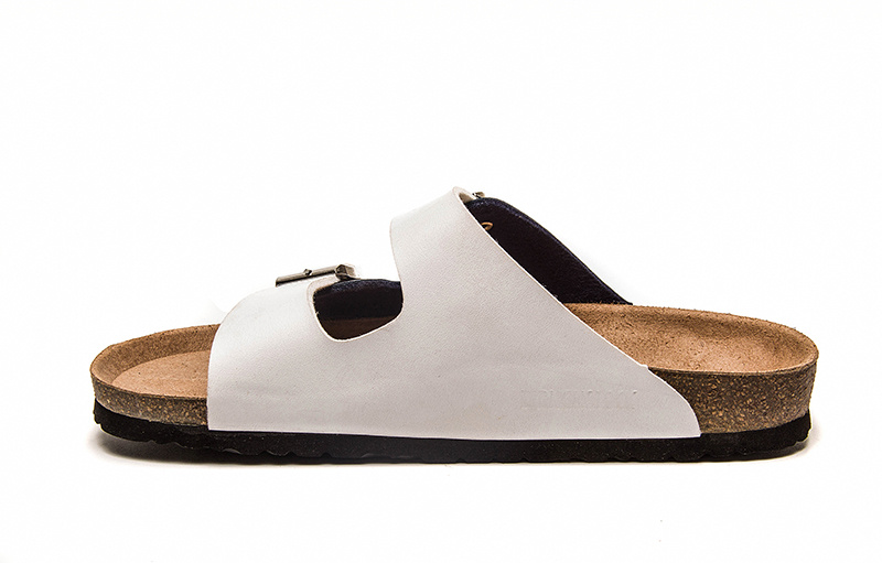 Birkenstock Two-Button White And Black Matte Leather Slippers