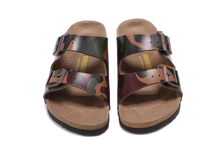 Birkenstock Two-Button Brown Camouflage Matte Leather Slippers