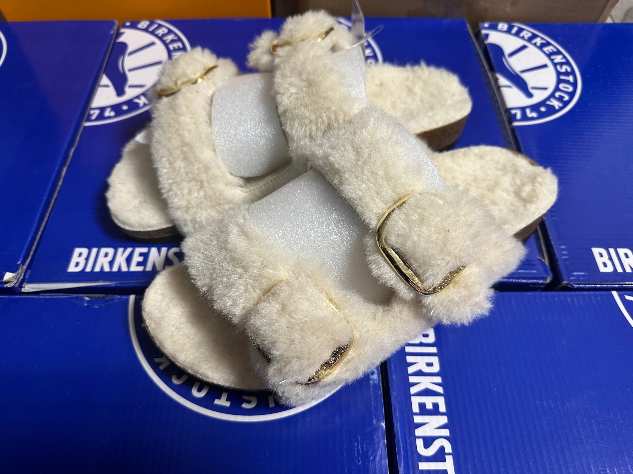 Birkenstock Two-Button Pure White Wool Slippers