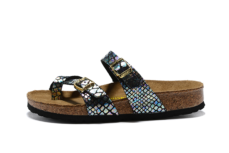 Birkenstock Black Snakeskin Reflective Double Buckle Toe-Loop Leather Sandals