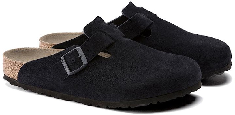 Birkenstock Boston 1023910 Suede Soft Footbed Midnight Black Leather Sandals