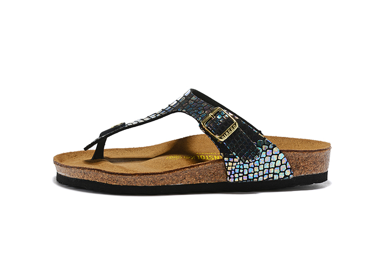 Birkenstock Black Snakeskin Reflective Flip Flops Leather Sandals