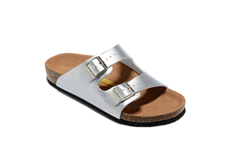 Birkenstock Two-Button Silver Matte Leather Slippers