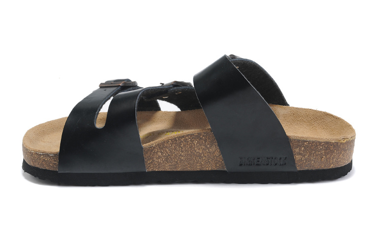 Birkenstock Three-Button Black Matte Leather Casual Sandals