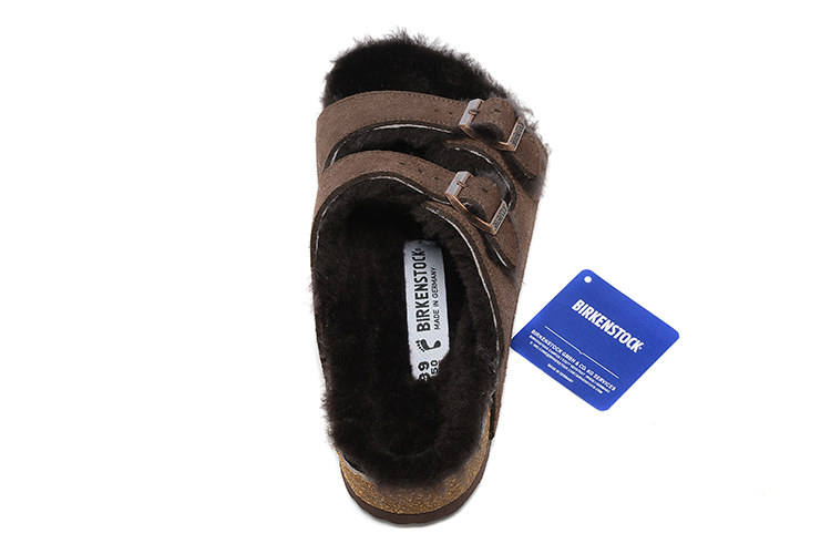 Birkenstock Two-Button Brown Scrub Leather Black Fur Lining Slippers