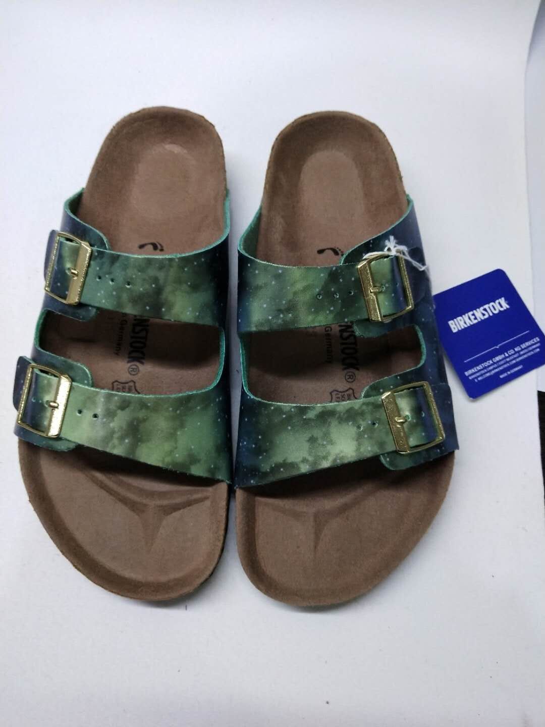 Birkenstock Two-Button Starry Green Matte Leather Slippers