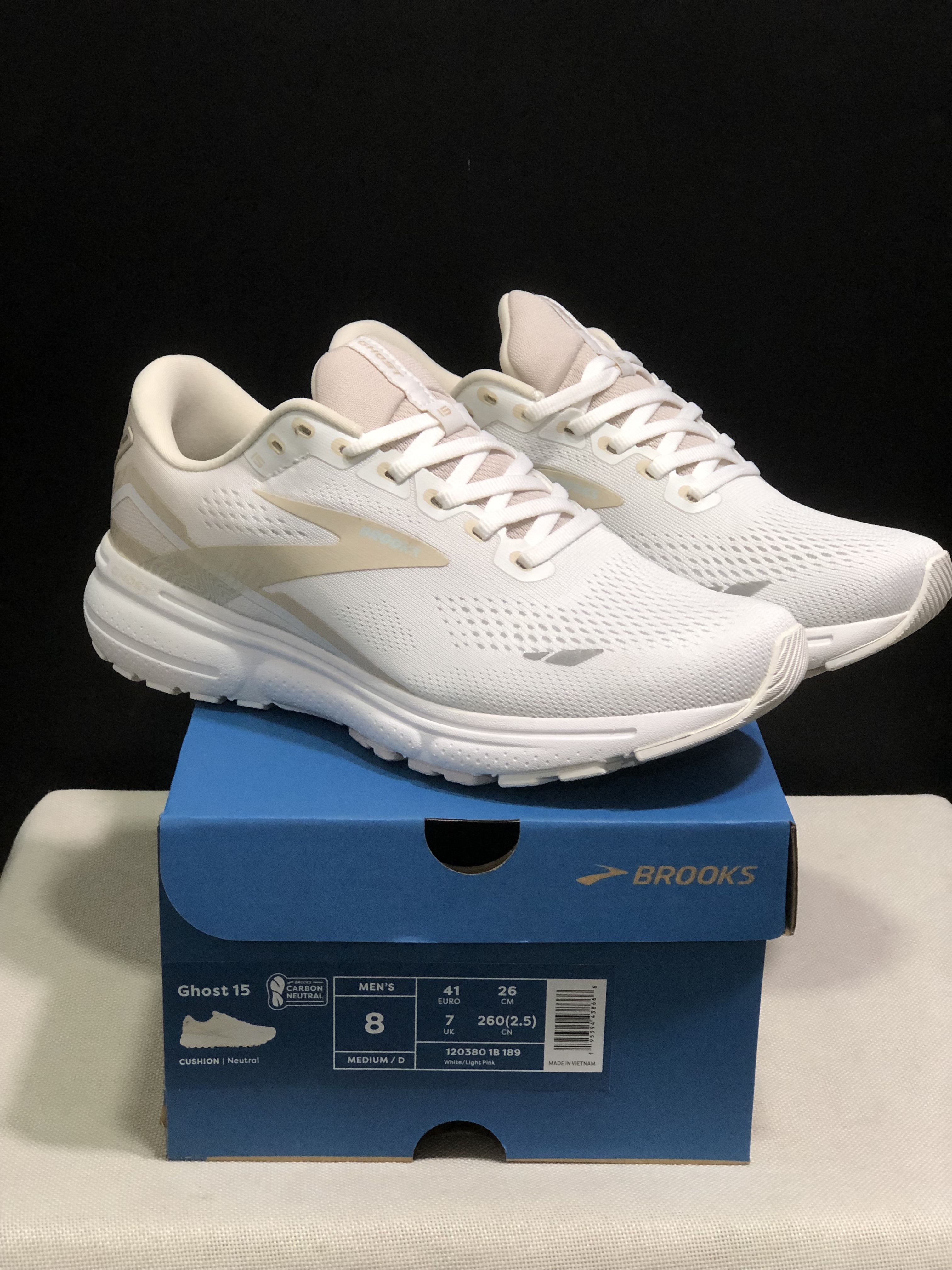 Brooks Ghost 15 Shock-absorbing Wear-resistant Low-top Running Shoes White/Light Pink