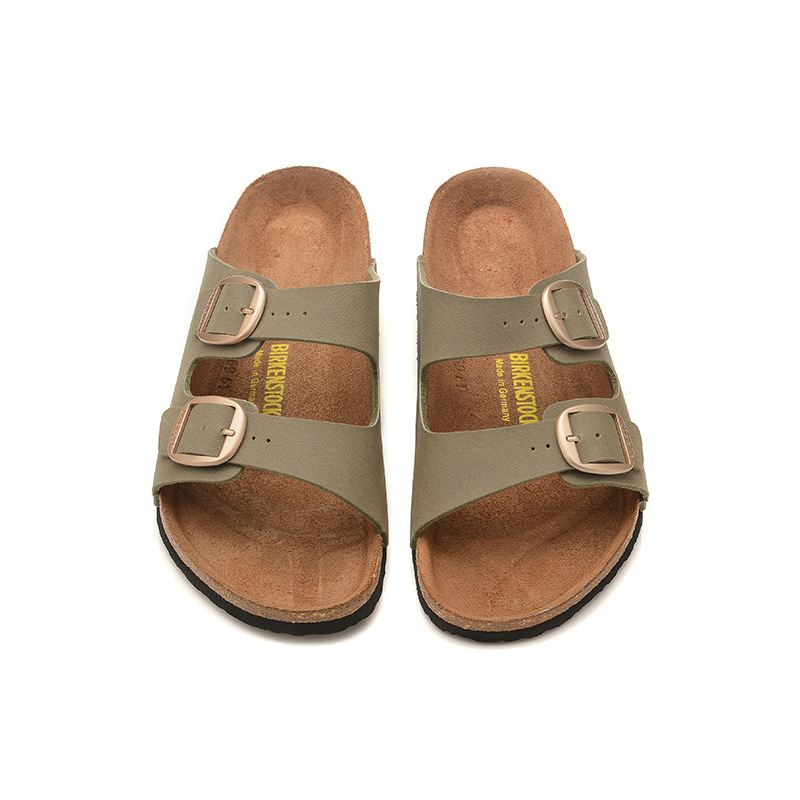 Birkenstock Two-Button Grayish Green Scrub Leather Casual Slippers