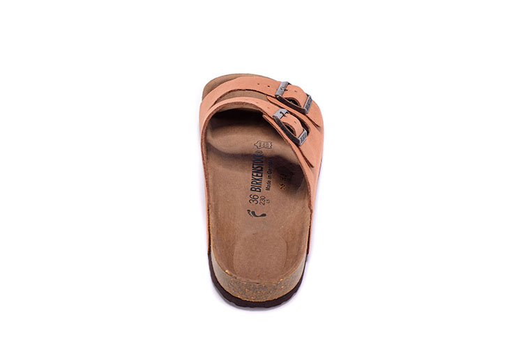 Birkenstock Two-Button Pinkish-Orange Scrub Leather Slippers