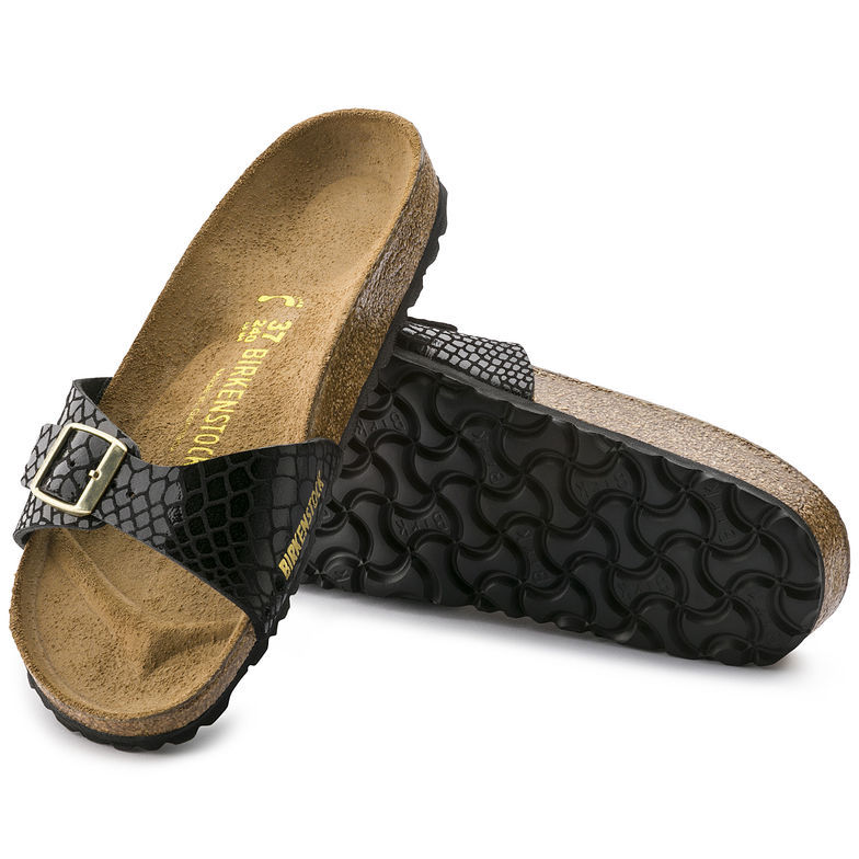 Birkenstock Single Button Black Serpentine Patent Leather Slippers