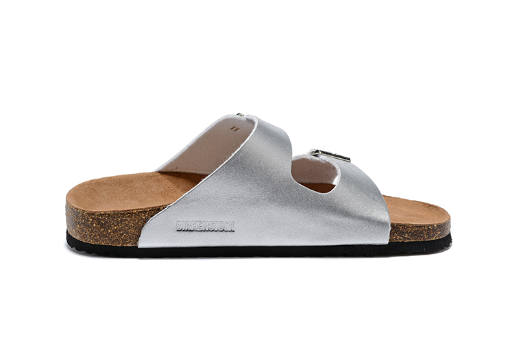 Birkenstock Two-Button Silver Matte Leather Slippers