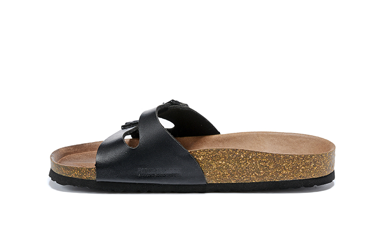 Birkenstock Two Buckle Thin Belt Black Matte Leather Black Sole Slippers