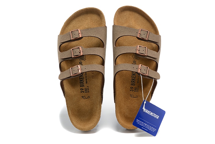 Birkenstock Three-Button Brown Scrub Leather Sandals