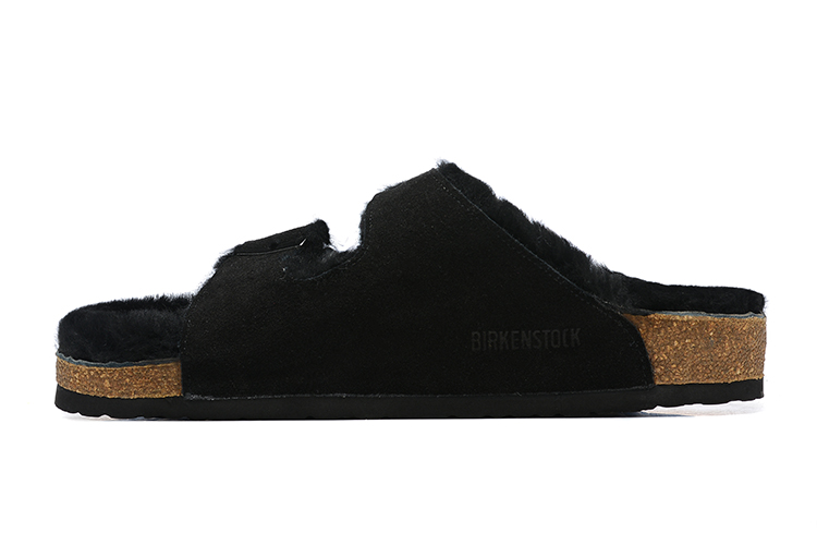 Birkenstock Two-Button Black Scrub Leather Black Fur Lining Slippers