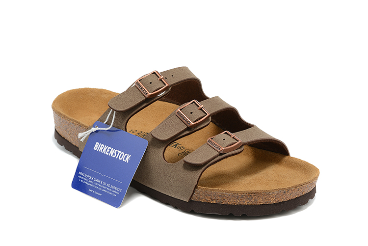 Birkenstock Three-Button Brown Scrub Leather Sandals