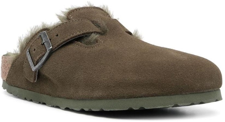 Birkenstock Boston Olive Green Shearling Suede Leather 1025667 Covered Toe Slippers