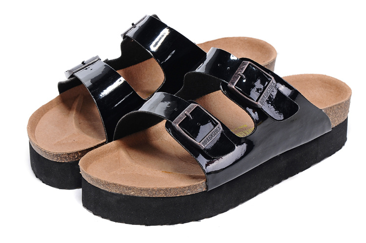 Birkenstock Two-Button Black Patent Leather Thick Black Sole Slippers