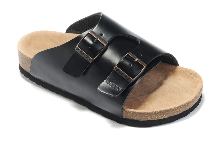 Birkenstock Two Buttons Black Matte Leather Fashion Slippers