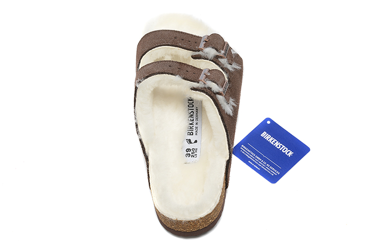 Birkenstock Two-Button Dark Brown Scrub White Fleece Lined Leather Slippers