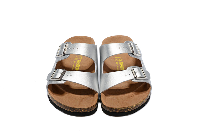 Birkenstock Two-Button Silver Matte Leather Slippers
