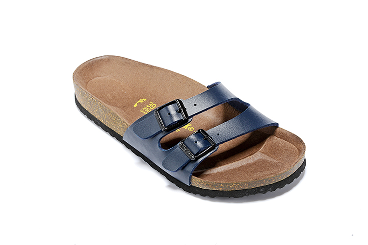 Birkenstock Two Buckle Thin Belt Navy Matte Leather Slippers