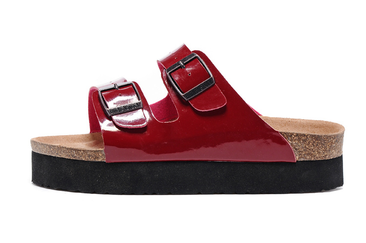 Birkenstock Two-Button Red Patent Leather Thick Black Sole Slippers
