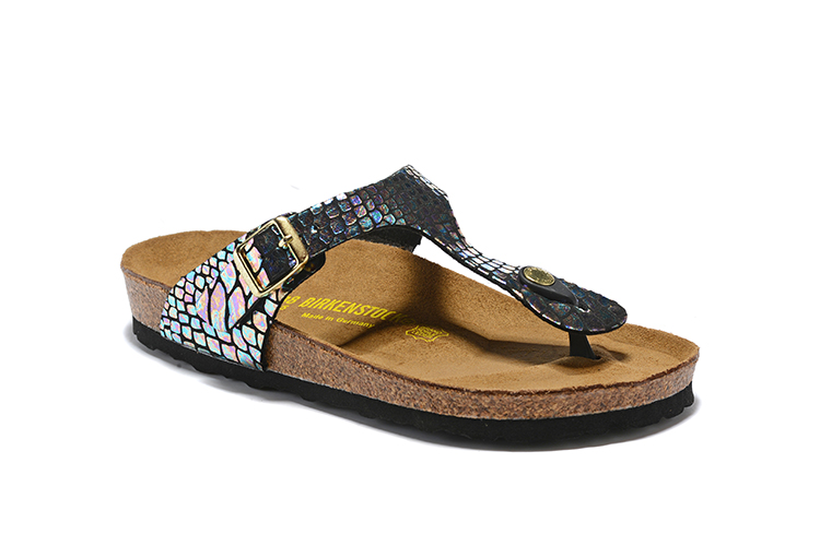 Birkenstock Black Snakeskin Reflective Flip Flops Leather Sandals