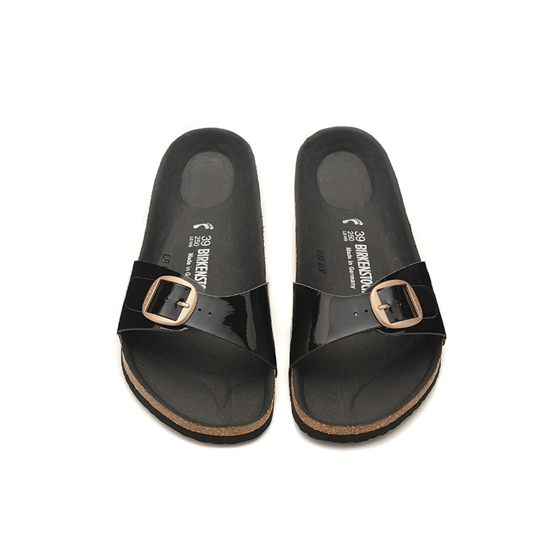 Birkenstock Single Button Black Patent Leather Slippers