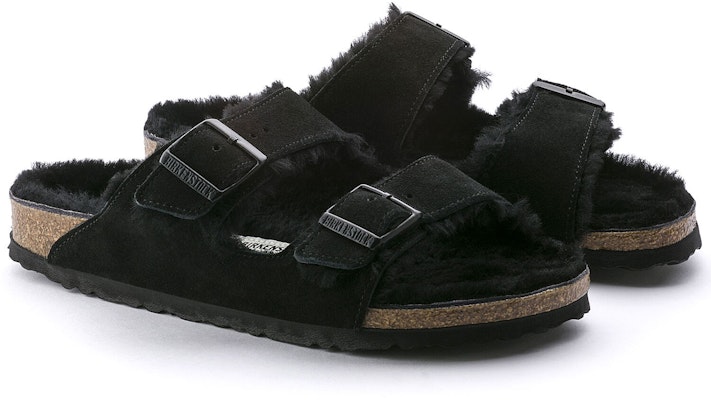 Birkenstock Arizona Shearling Suede Leather Narrow Fit 0752663 Black Sandals