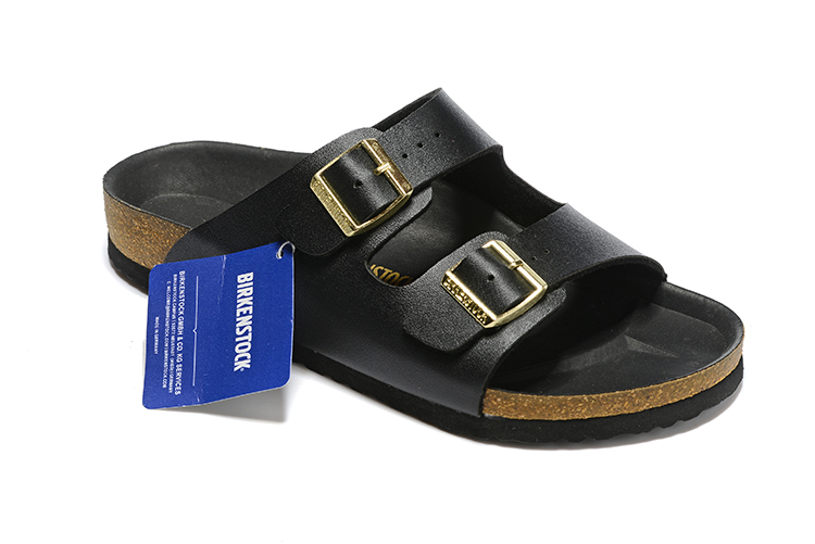 Birkenstock Two-Button Black Matte Leather Black Sole Slippers