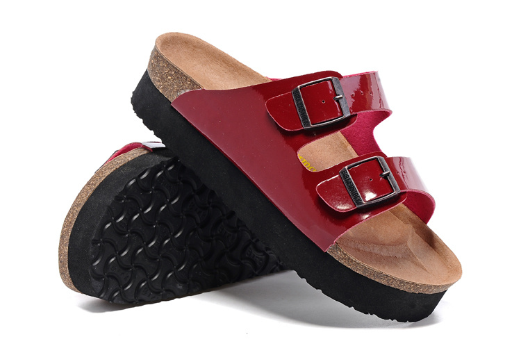 Birkenstock Two-Button Red Patent Leather Thick Black Sole Slippers