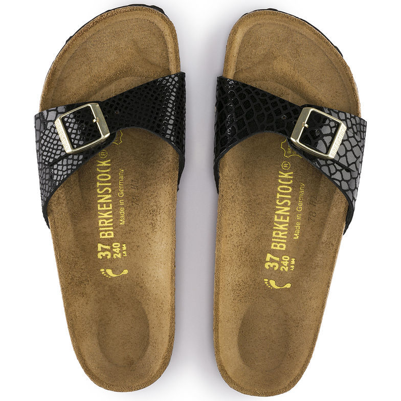 Birkenstock Single Button Black Serpentine Patent Leather Slippers
