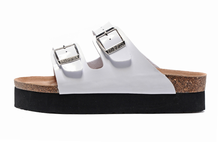 Birkenstock Two-Button White Matte Leather Thick Black Sole Slippers