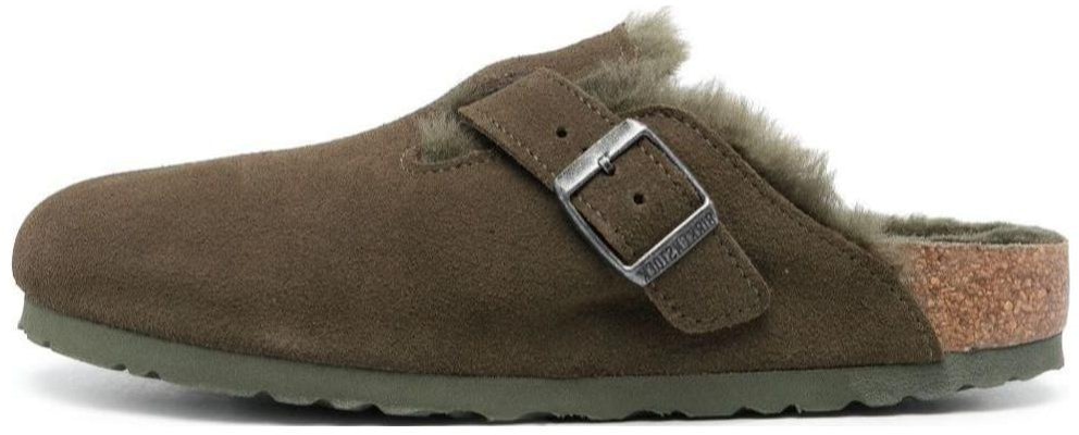 Birkenstock Boston Olive Green Shearling Suede Leather 1025667 Covered Toe Slippers