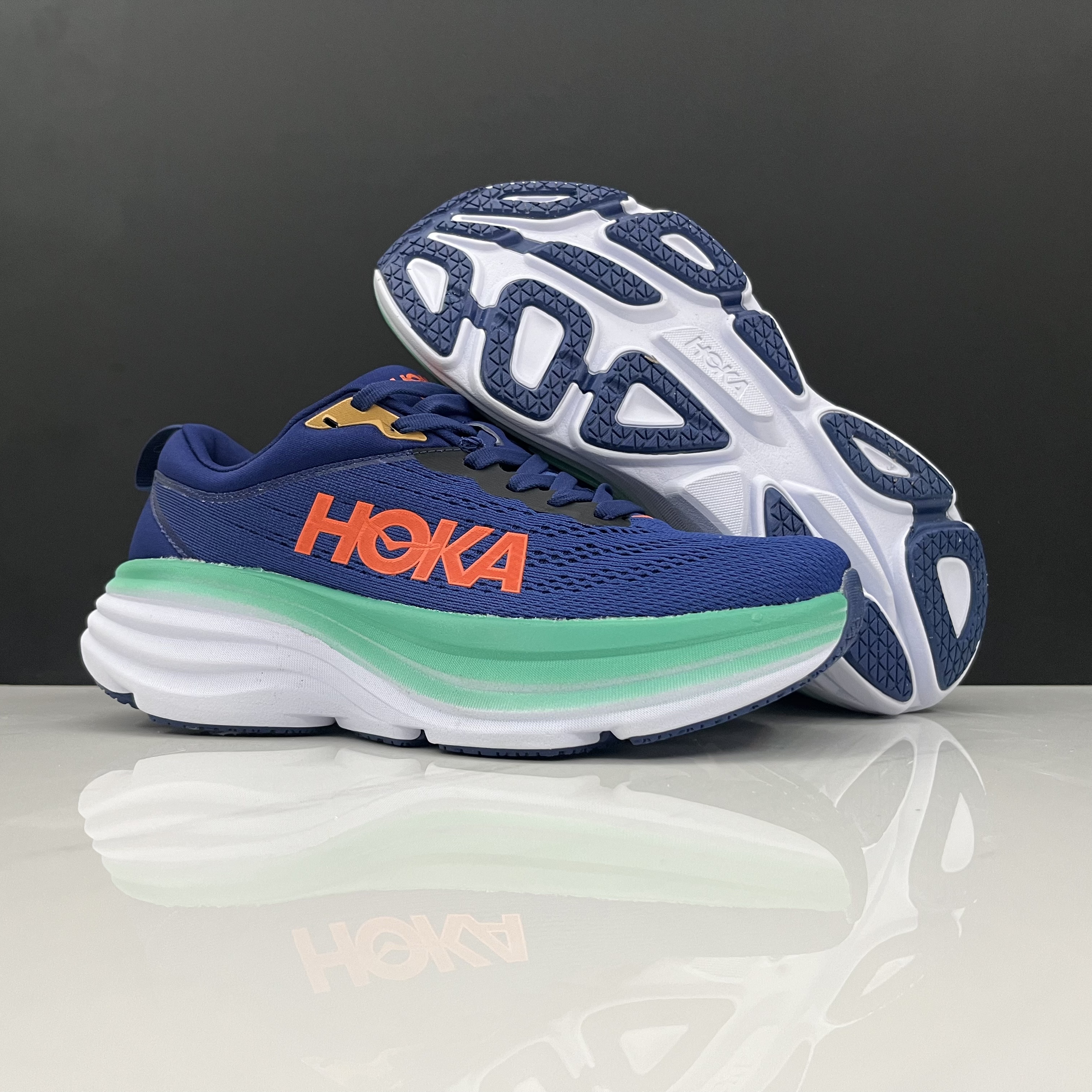 Hoka One One Bondi 8 Breathable Low-top Running Shoes Sneakers Navy/Light Green