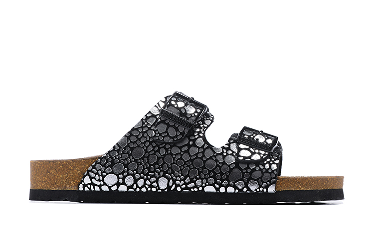Birkenstock Two-Button Black Metal Stone Matte Leather Slippers