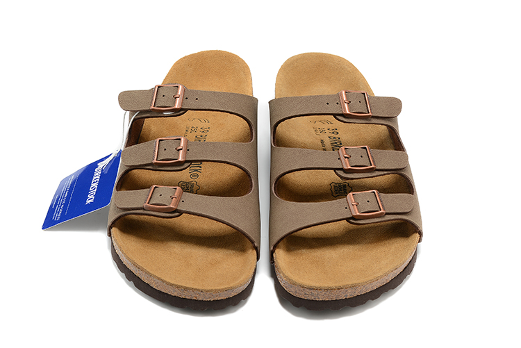 Birkenstock Three-Button Brown Scrub Leather Sandals