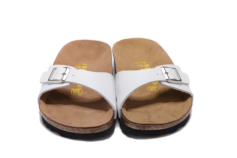 Birkenstock Single Button White Matte Leather Black Sole Slippers