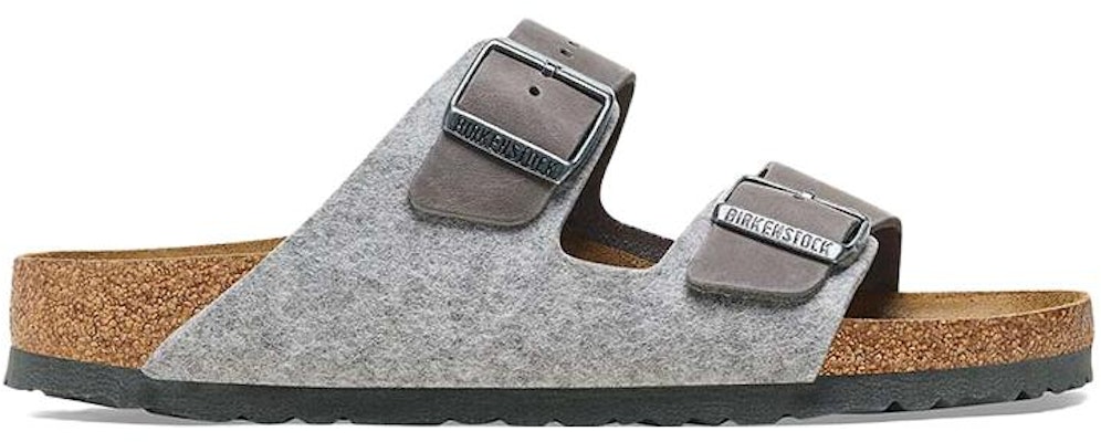 Birkenstock Arizona 1025735 Leather Textile Felt Narrow Fit Light Grey Slide Sandals