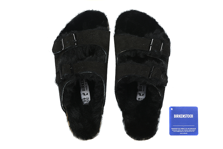 Birkenstock Two-Button Black Scrub Leather Black Fur Lining Slippers