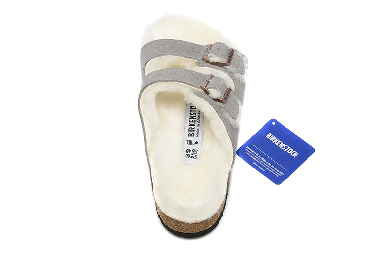 Birkenstock Two-Button Gray Scrub Leather White Fur Lining Slippers