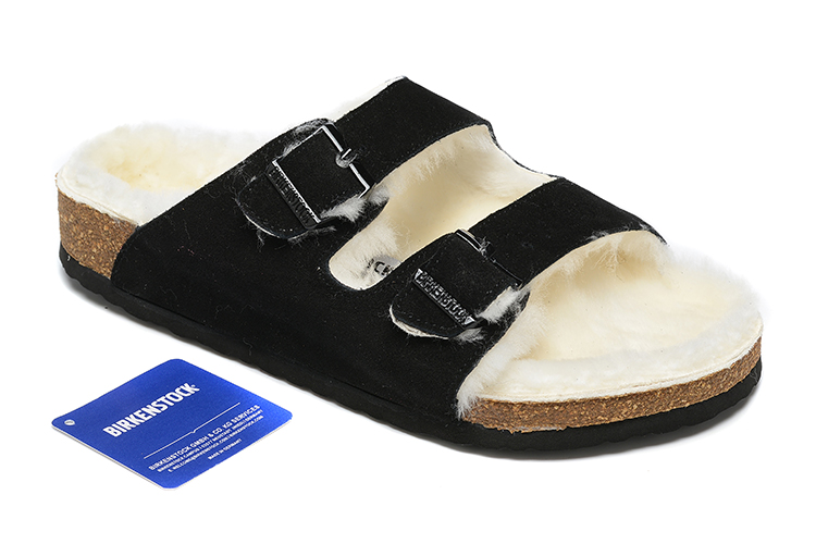 Birkenstock Two-Button Black Scrub Leather White Fur Lining Slippers