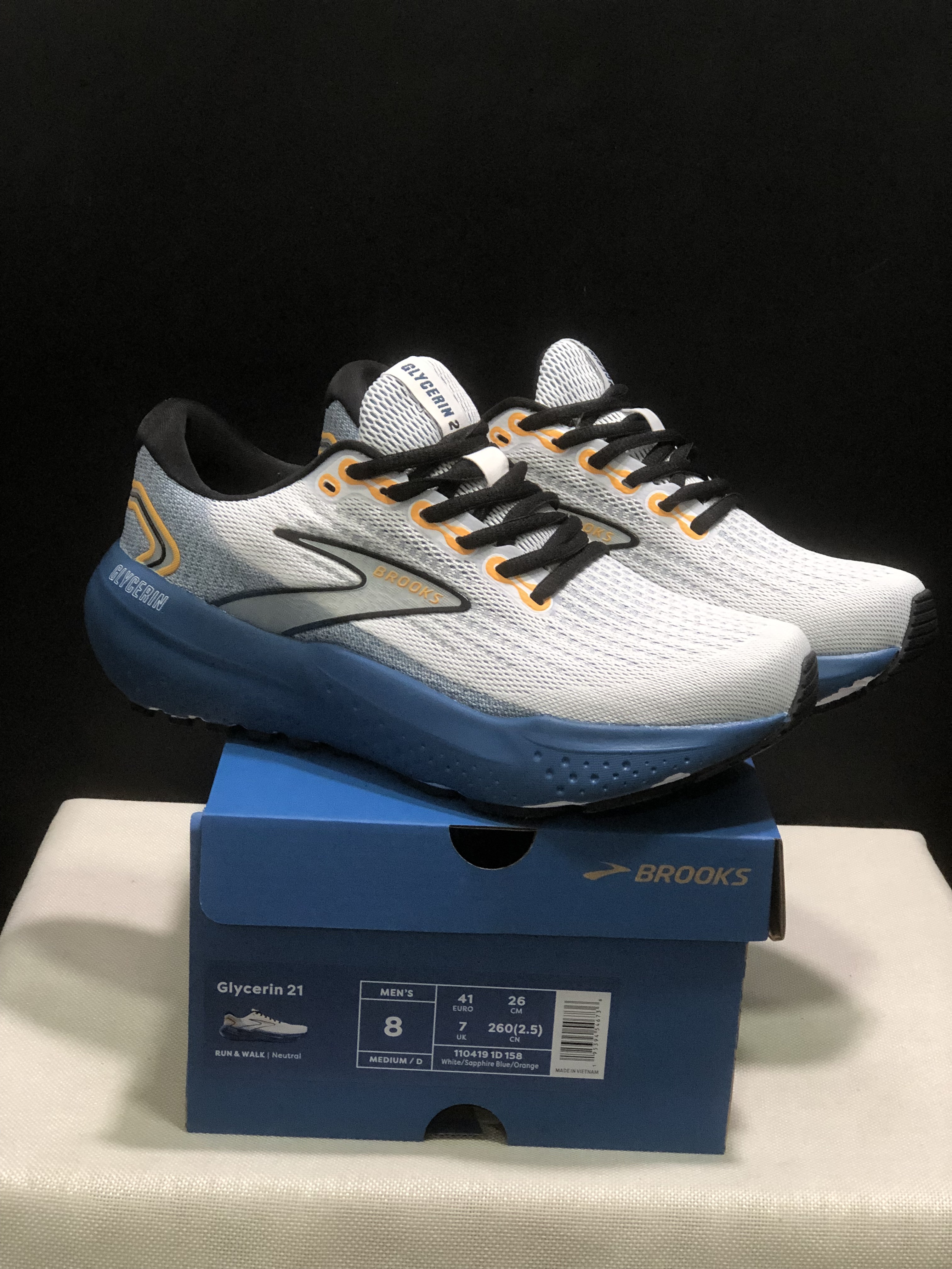 Brooks Glycerin 21 Men's Low-top Casual Running Shoes White/Sapphire Blue/Orange